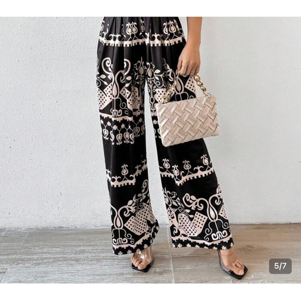 Black and Beige Folk Art Birds and Floral Wide Leg Pants Size Med NWOT